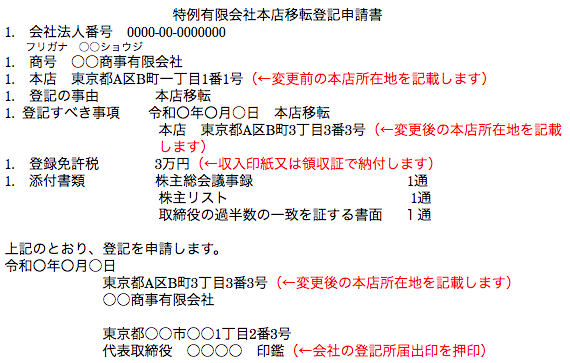 特例有限会社本店移転登記申請書の作成例（管轄区域外）１