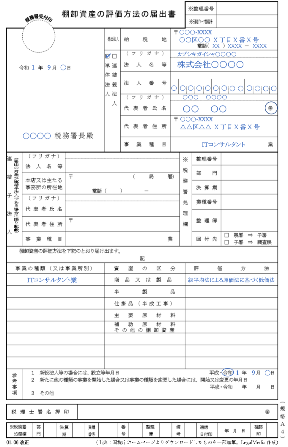 棚卸資産の評価方法の届出書の記入例